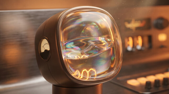 3D Futuristic Retro Gadget with Iridescent Glass Screen and Analog Gauge - Glowing Sci-Fi Technology Background for Music and Laboratory Design