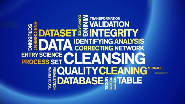 Data Cleansing animated word cloud-text design animation tag kinetic typography seamless loop.