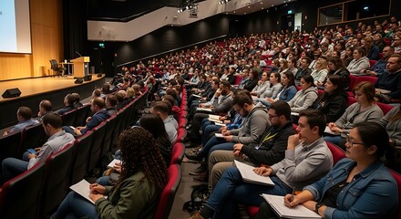 Obraz premium Large assembly of individuals attending a presentation inside a modern lecture hall