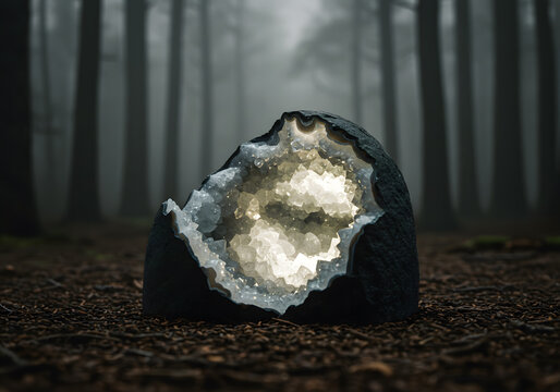 Mysterious crystal geode in misty forest