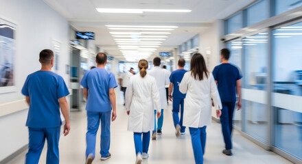 Fototapeta premium A team of dedicated doctors and medical professionals in scrubs and coats walk quickly down a busy hospital corridor to attend to their urgent patients now