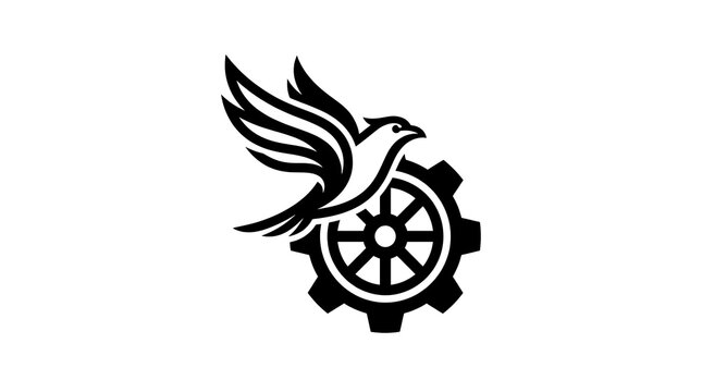 A black and white illustration of a bird in flight above a gear wheel, symbolizing progress and industry