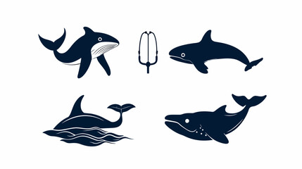 Obraz premium Simplified illustrations of marine mammals and a harpoon. Navy blue silhouettes on a white backdrop