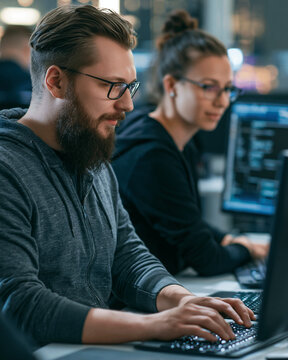 Innovative Programmers in Tech Industry Collaborating in Modern Digital Workspace