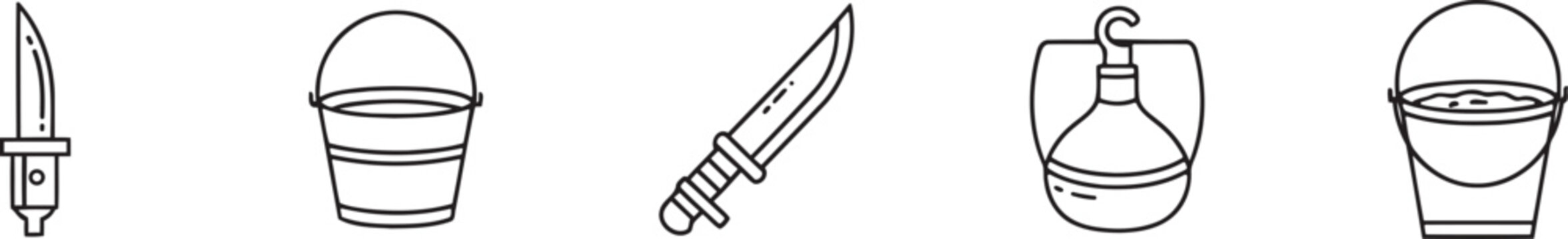 Line art icons depicting a knife bucket machete cleaning spray and water pail
