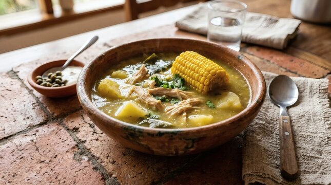 Colombian Ajiaco Soup Three Potato Varieties Shredded Chicken Corn Cob Clay Bowl