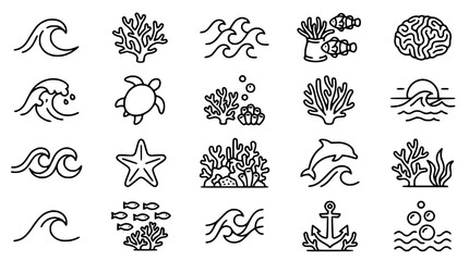 Ocean Life Icons: Waves, Coral, Sea Turtle, Dolphin, Fish, Starfish, Anchor, Bubbles © Teh