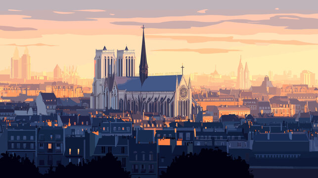 Cityscape at sunset with a grand Gothic cathedral among rooftops and glow above