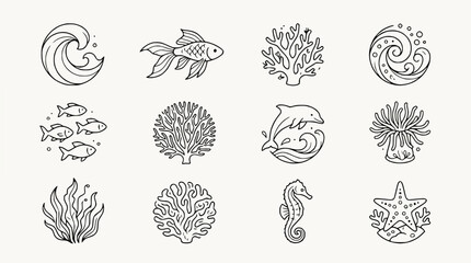Ocean Life Icons: Hand-Drawn Marine Animals and Sea Elements © Teh