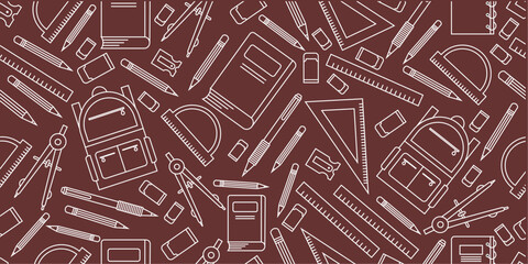 School supplies seamless pattern. School attributes seamless pattern. Student accessories repeat background. Back to school banner. Education doodle pattern background. © Predi