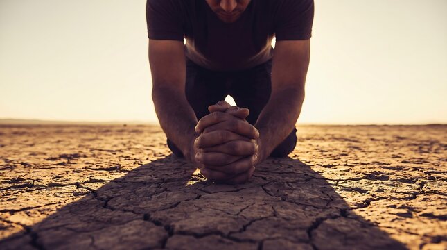 Clasped hands of person praying on dry cracked ground
