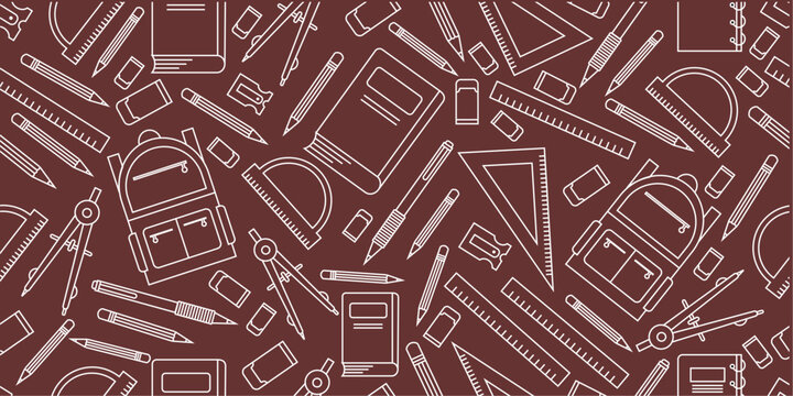 School supplies seamless pattern. School attributes seamless pattern. Student accessories repeat background. Back to school banner. Education doodle pattern background.