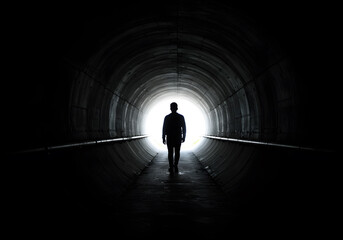 Obraz premium Person walking through dark tunnel towards light