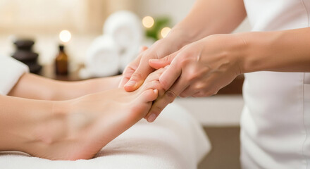 Fototapeta premium Professional therapist performing a soothing foot massage on a client to provide relaxation and stress relief during a restorative session at a luxury spa center today