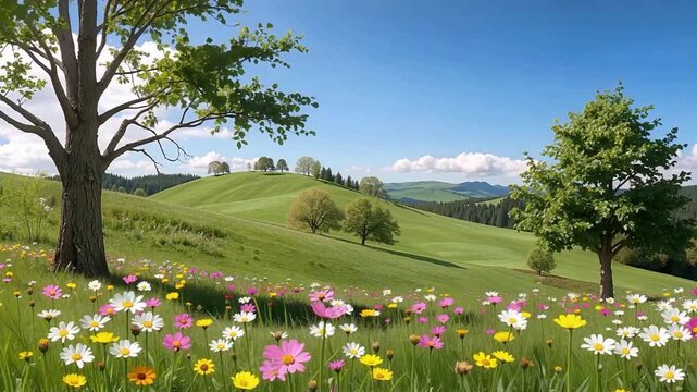 Vibrant spring meadow landscape with colorful flowers video.