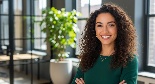 Confident young woman smiling in bright modern office perfect for positive professional career concepts