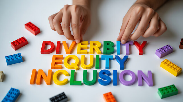 Hands arranging colorful blocks spelling diversity equity inclusion emphasizing health, wellness, and vitality