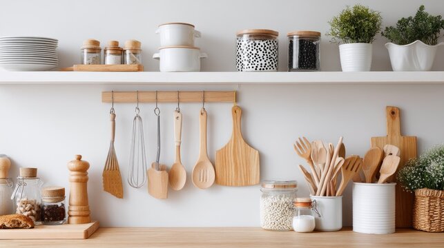 Modern kitchen setup with wooden utensils, glass jars, and potted herbs on white shelves showcasing a clean and organized culinary workspace
