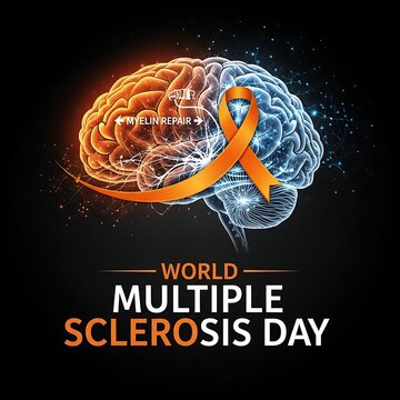 World multiple sclerosis day awareness concept with brain and orange ribbon on black background