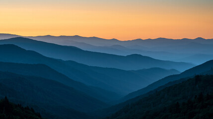 Obraz premium Sunrise over the Great Smoky Mountains in Tennessee, Blue Ridge mountain landscape concept, with copy space