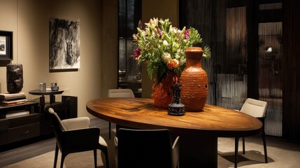 Fototapeta premium Elegant dining room with modern decor featuring a large wooden table, artistic vase, fresh flowers, and stylish chairs in warm lighting ambiance