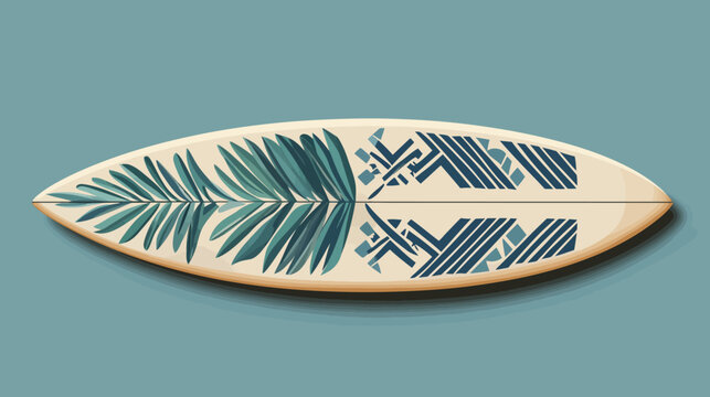 A stylized surfboard with teal fern motif on left and geometric patterns right!