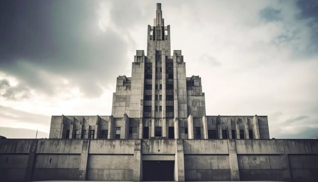 Dramatic Art Deco Concrete Building Standing Beneath Cloudy Sky in Urban Setting