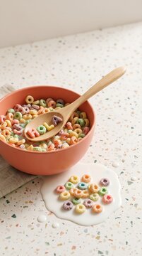 Morning breakfast cereal bowl with hola word on wooden spoon