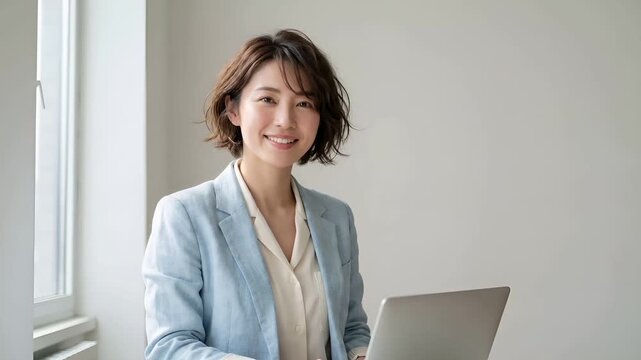 自宅でオンライン会議に参加する30代〜50代女性の超写実的リモートワーク動画です	
