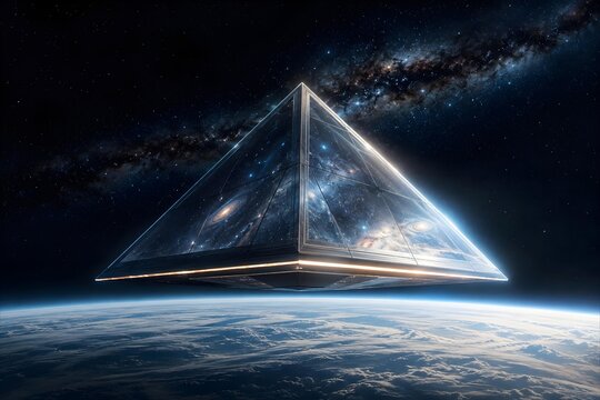 Massive glass pyramid spacecraft with a view of a galaxy inside, floating in planetary orbit.