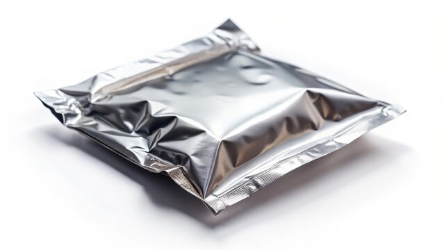 A photo of an empty aluminum foil sachet packaging lying on a clean, white background The foil is crisp and pristine, with subtle reflections catchin