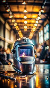 A realistic photo of Used welding mask and welding mig machine with garage on back