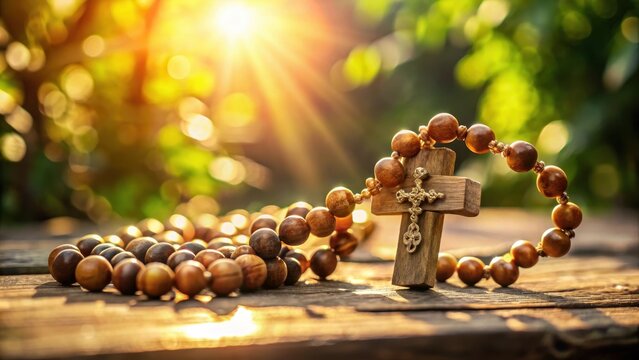 A realistic photo of Wood rosary and metal cross with slightly unfocused beads