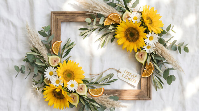 Rustic flat lay wedding frame border with sunflowers and a loving tag on a soft background, perfect for advertising and news.