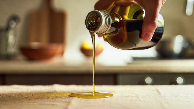 Close-up of olive oil being poured from a bottle onto a surface.