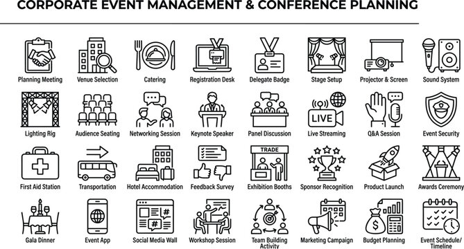 Corporate Event Management And Conference Planning Icon Set With Venue Catering Presentation And Networking Symbols