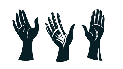 Fototapeta premium Three stylized, dark blue hand outlines against white background, one decorated