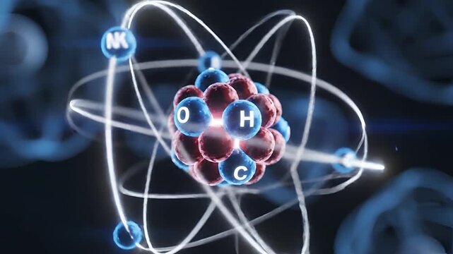 Abstract visualization of atomic structure with orbiting electrons and nucleus.