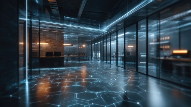 Modern Futuristic Office Interior with High-Tech Design, Ambient Lighting, and Glowing Patterns on the Floor for Creative Workspaces