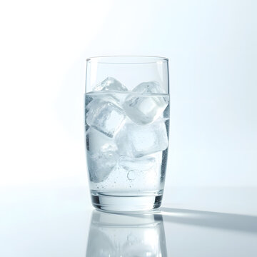 Ultra realistic transparent glass of ice water with floating ice cubes on clean white reflective background minimalist beverage concept
