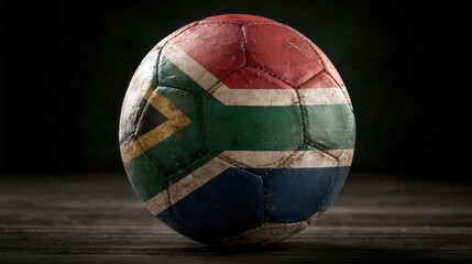 Naklejka premium Soccer ball with south Africa flag painted on textured dark background.
