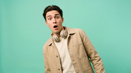 Fototapeta premium Male model strikes a surprised pose in a studio setting, against a clean background ideal for advertising campaigns and news reports.