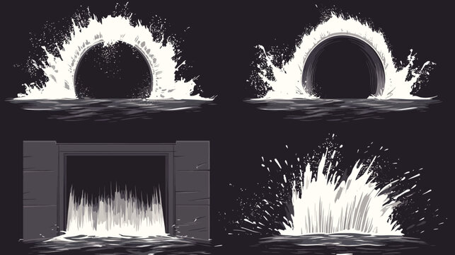 Pixelated artwork showing water effects arching sprays, waterfalls, and exploding bursts on dark background