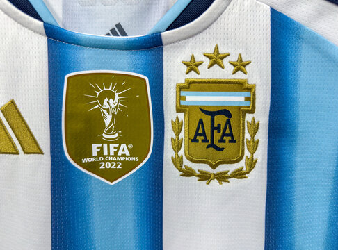 Buenos Aires, Argentina. May 12, 2026. Close-up of Argentina national football jersey with AFA crest and FIFA World Champions 2022 patch.