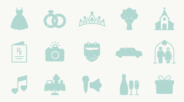 Wedding Icons Set: Bride Dress, Rings, Tiara, Bouquet, Church, Camera, Car, Couple, Music, Cake, Gift