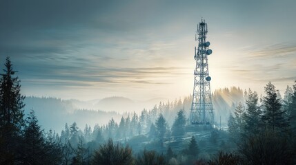 Obraz premium Tower on Misty Mountain Landscape at Dawn with Soft Light and Dense Forest in Background, Scenic View for Nature and Technology Concepts