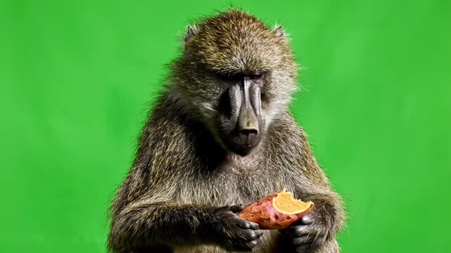 Curious Monkey Eating Snack in Front of Green Screen