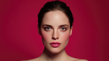 Fototapeta premium Portrait of a Beautiful Young Woman with Flawless Skin and Striking Makeup Against a Vivid Pink Background, Emphasizing Natural Beauty and Elegance