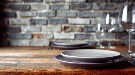 Obraz premium Elegant Dining Setup with Empty Plates and Wine Glasses on Rustic Wooden Table Against Textured Brick Wall for Modern Gourmet Culinary Experience
