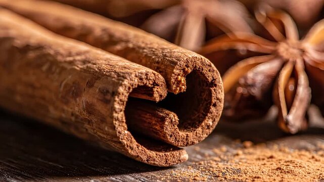 Closeup of Cinnamon Sticks and Star Anise on Wooden Surface 1.